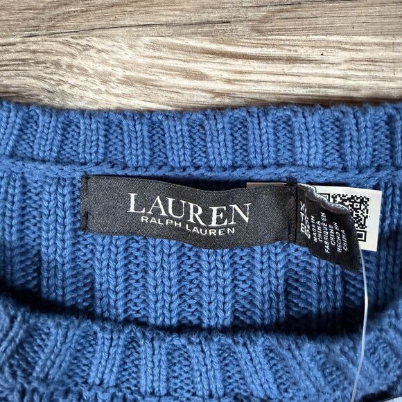 Lauren Ralph Lauren Sweater XXL Blue Cable-Knit Cotton Crewneck Puff Sleeve NWT - Picture 6 of 12